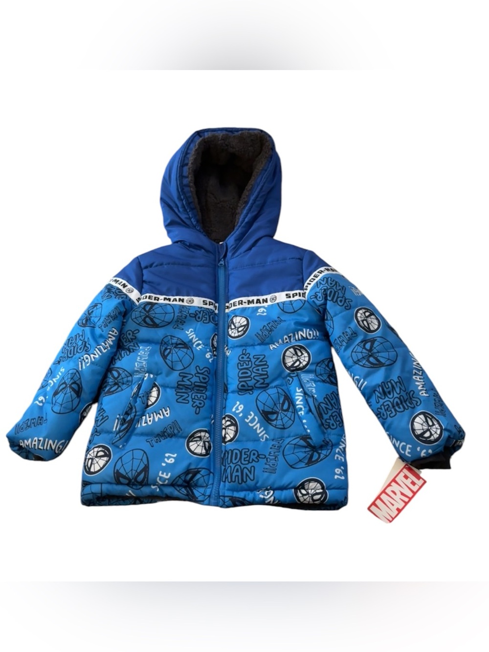Marvel Spider-Man Allover Print Puffer Jacket Blue & Black - Size: 7